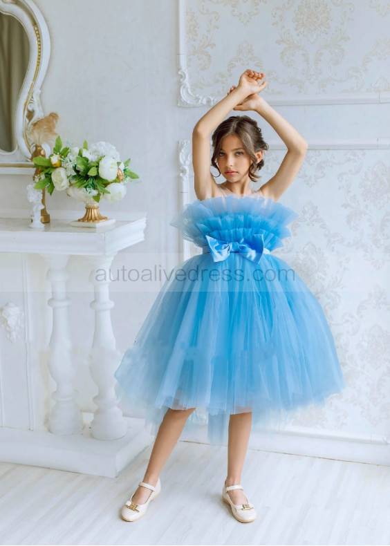 Blue Tulle Tea Length Popular Flower Girl Dress